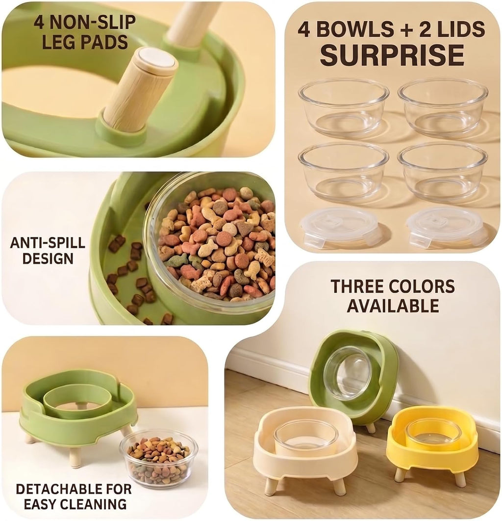 2 Pack Ant Not Cross Elevated Cat Bowls Mess Proof-4 Food Grade Glass Bowls & 2 Lids- No Spill Cat Food and Water Feeding Station for Cats&Puppy Indoor & Outdoor,No Whisker Fatigue Dish,Green