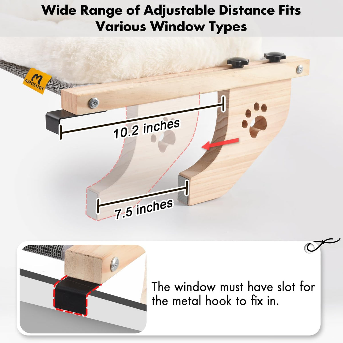 AMOSIJOY Wooden Cat Windowsill Perch with Zipper Cushion Bed, 24.4in