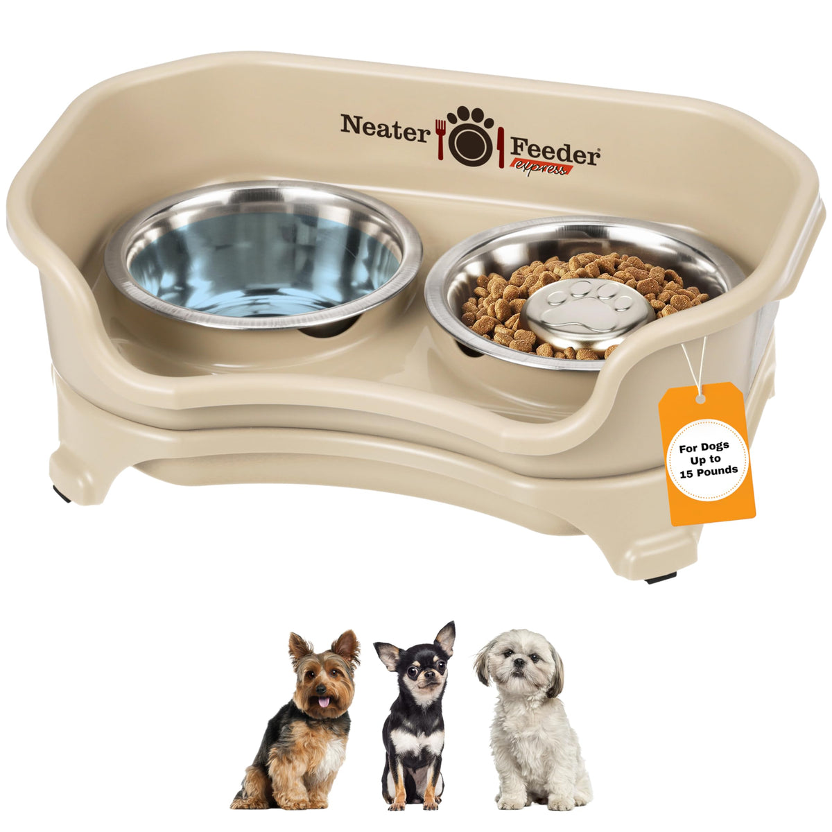 Neater Feeder Express Mess Proof Dog Bowls Elevated for Small Breeds under 15 Lb, Made in USA, No Spill Raised Dog Food Bowl Stand, Stainless Steel Food and Water Bowl Set, Feeding Station, Cappuccino