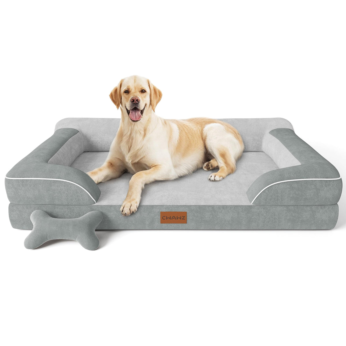 CWAWZ Extra Large Dog Bed, Orthopedic Dog Bed with Cooling Gel Memory Foam, Waterproof XL Pet Bed with Removable Washable Cover, 42" Pet Sofa Couch Dutch Velvet with Bone Toy, Light Gray