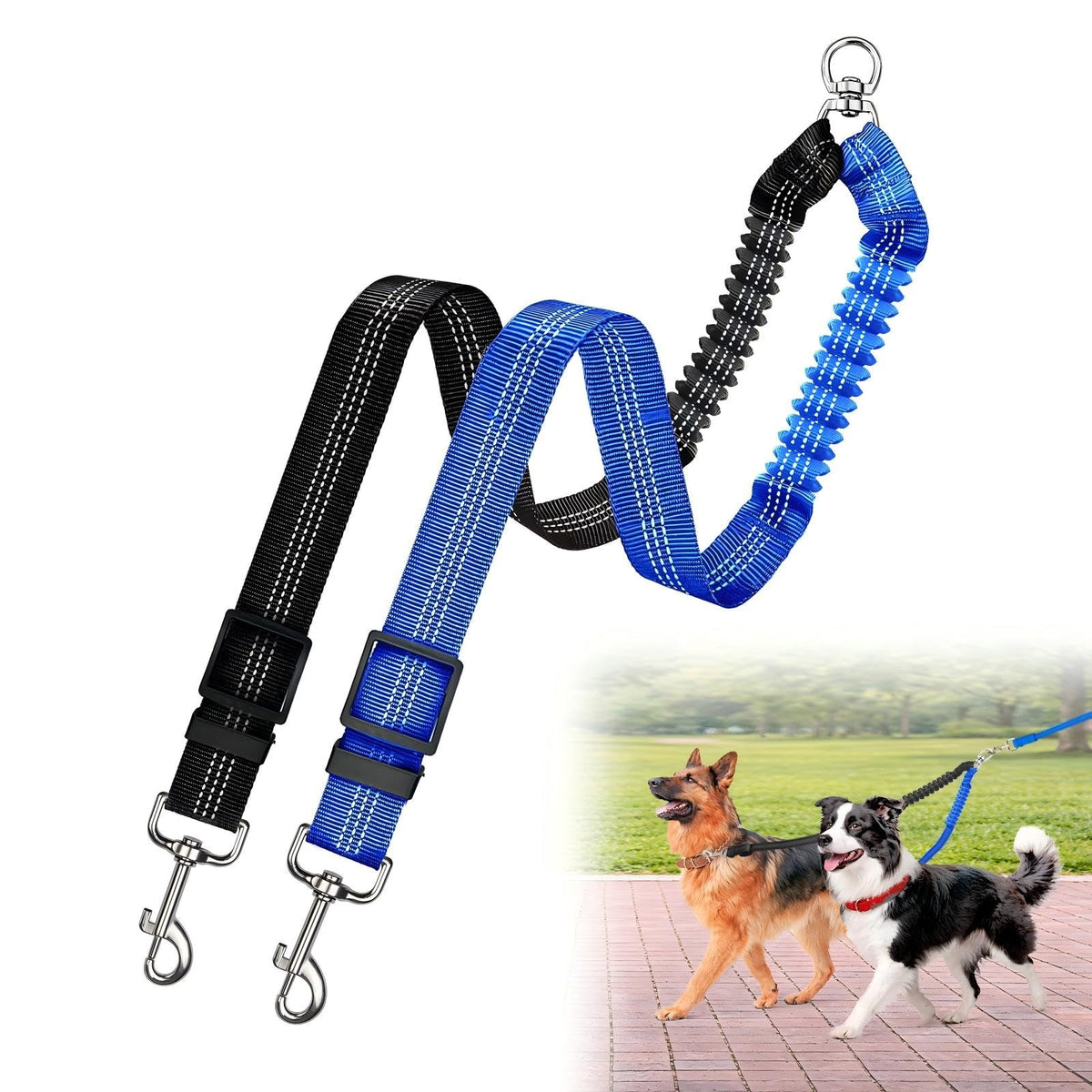 Double Dog Leash for Two Dogs, Professional No Tangle 360° Swivel Coupler with Shock Absorbing Bungee, Adjustable Length Dual-Sided Reflective Two Dogs Lead Splitter for Small Medium Large Dog