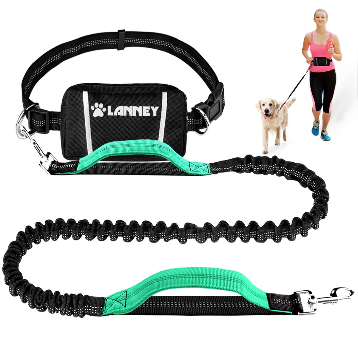 Hands Free Dog Leash, Waist Running Leash with Zipper, Walking Pouch for Medium Large Dogs, Dual Handle and Retractable Bungee for Training Jogging Hiking