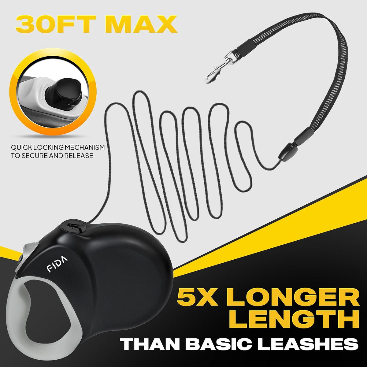 Fida Upgraded Retractable Dog Leash, 30ft, Heavy Duty, Black