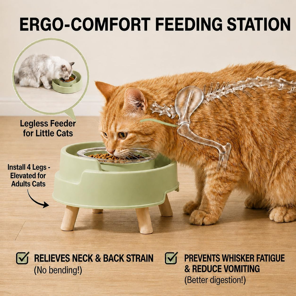 2 Pack Ant Not Cross Elevated Cat Bowls Mess Proof-4 Food Grade Glass Bowls & 2 Lids- No Spill Cat Food and Water Feeding Station for Cats&Puppy Indoor & Outdoor,No Whisker Fatigue Dish,Green