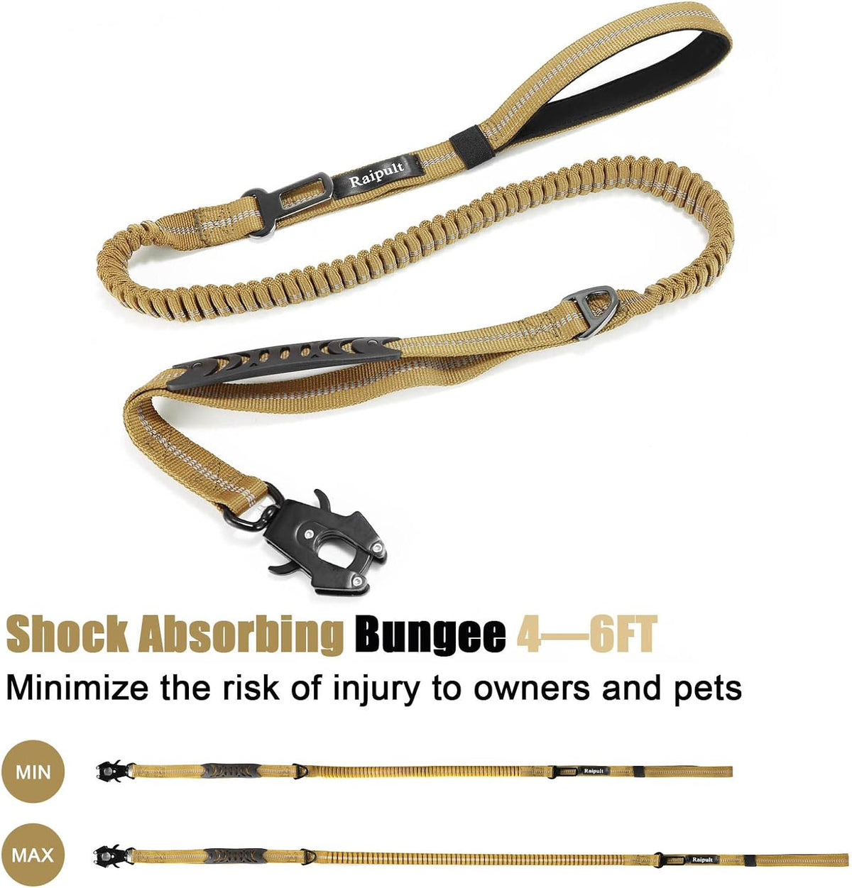 Raipult Tactical Shock Absorbing Bungee Dog Leash Heavy Duty, 4-6ft, Khaki