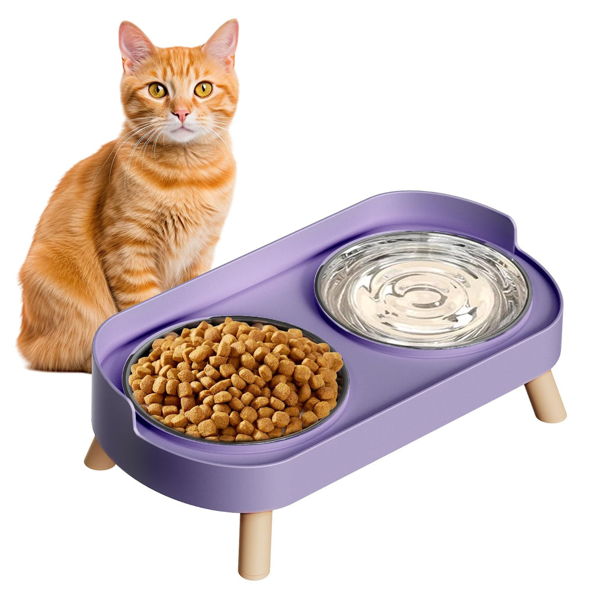 Elevated Cat Bowl, Raised Cat Food and Water Bowl Set for Indoor Cats, Splash Proof with 2 Stainless Steel Pet Food Bowls for Cats and Puppies, Whisker Fatigue and Dishwasher Safe - White