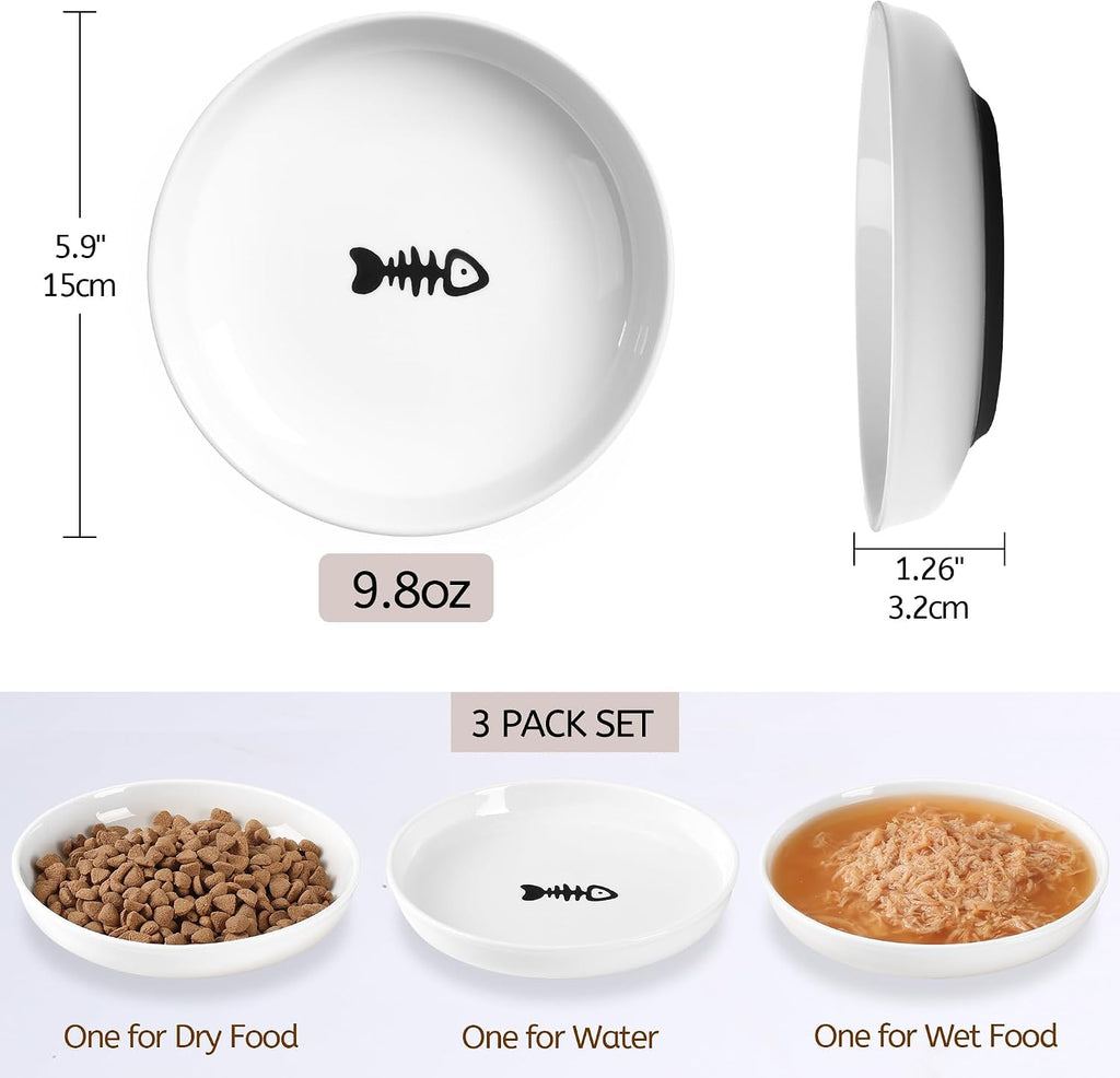 WROSWT No Spill Cat Bowls,Cat Food Bowl,Anti Whisker Fatigue Healthy Ceramic Cats Dishes Set for Indoor Cats,Shallow Wide Kitten Plates for Food and Water,Non-Slip Silicone Bottom,3 Pack