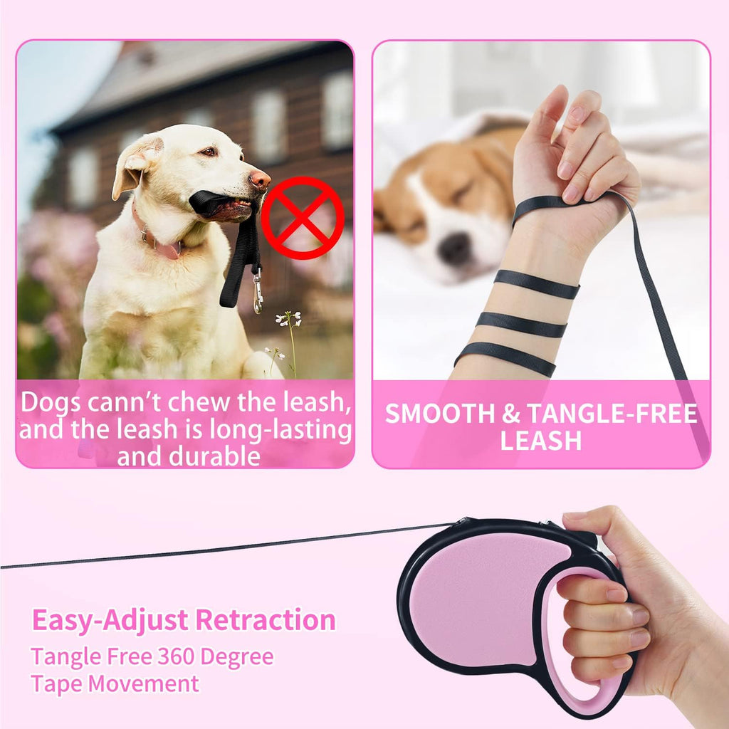Retractable Dog Leash 16Ft/5M for Small Medium Dogs, Pink