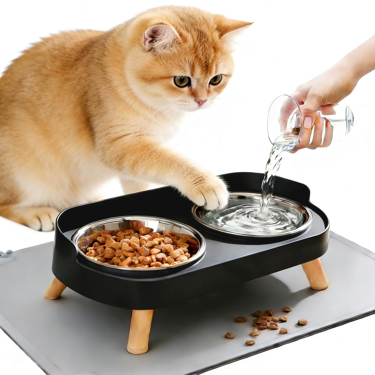 Elevated Cat Bowls with Food Mat, Splash Proof Anti Vomiting Raised Cat Food and Water Bowl Set, 2 Stainless Steel Dishes for Cats and Puppy, Pet Bowl for Indoor Cats White