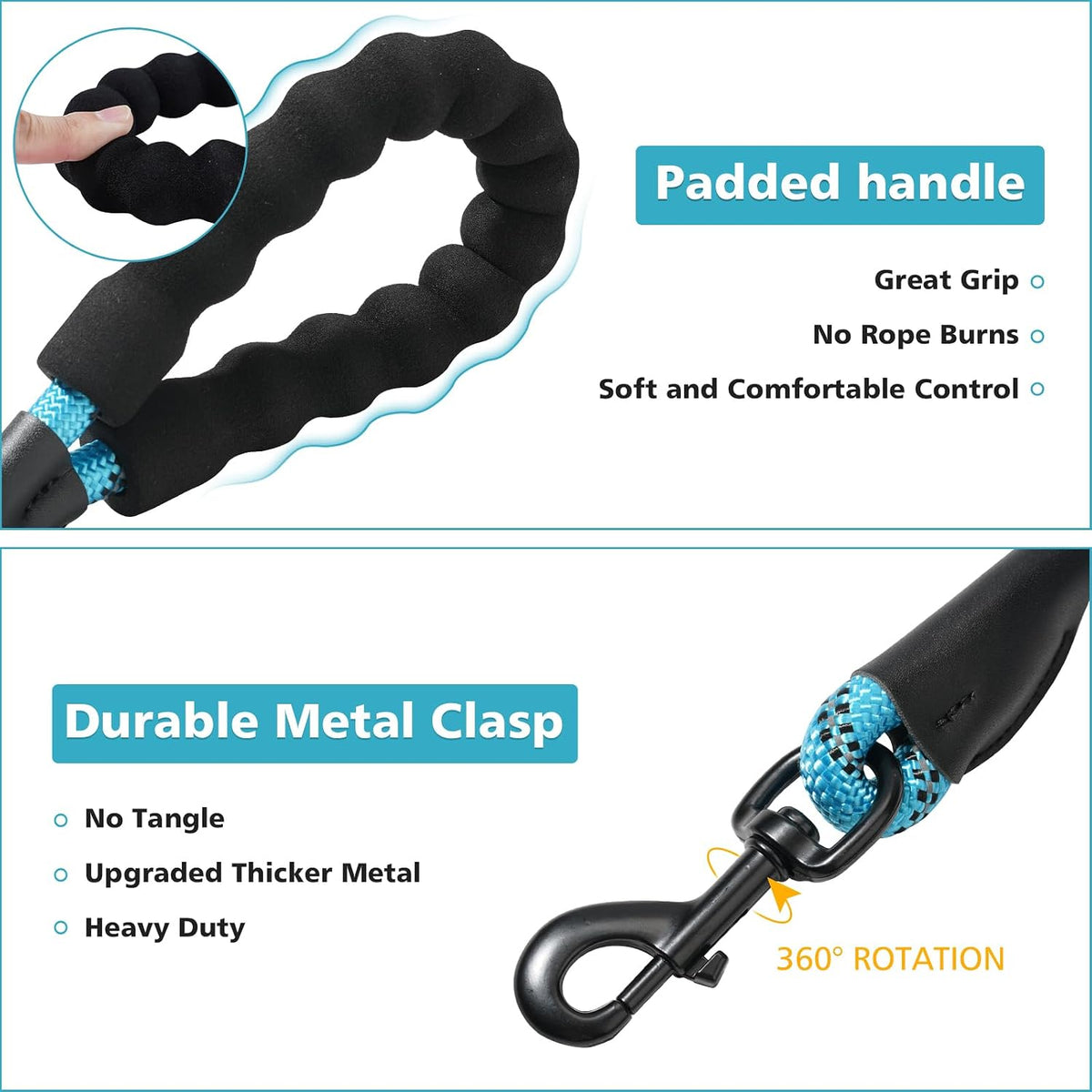 Rttochfy Rope Dog Leash 2/4/5/6/8/10 FT with Comfortable Padded Handle and Highly Reflective Threads for Small Medium and Large Dogs Heavy Duty (1/2"-5 FT, Blue)