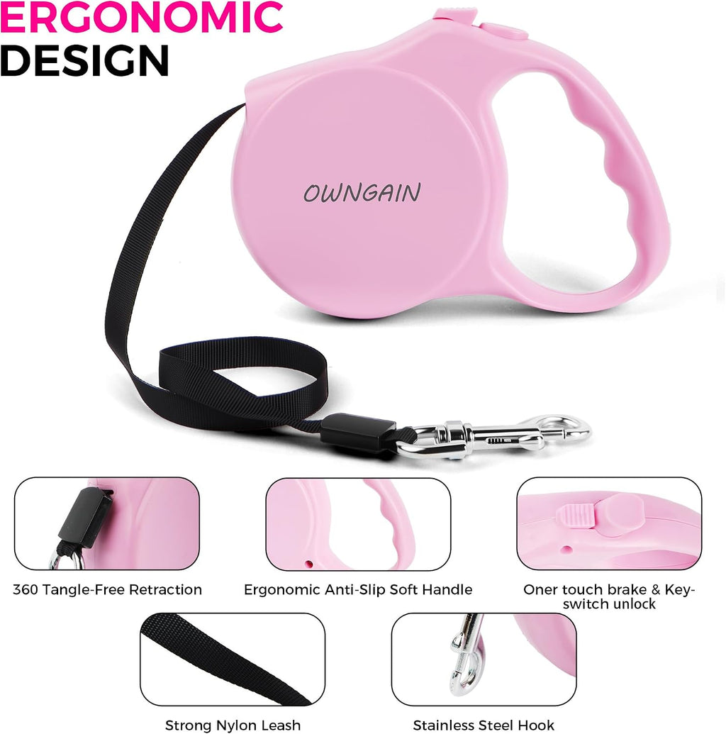 Pink Retractable Dog Leash,Strong Nylon Tape-One-Handed One Button Lock for Puppy, Cat, Pet Walking and Training,16ft Dog Walking Leash with 360°Tangle-Free Design,Anti-Slip Handle (Pink -Small)