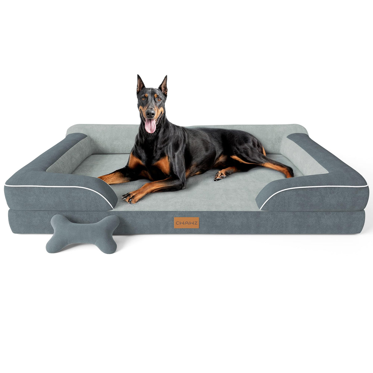 CWAWZ Extra Large Dog Bed, Orthopedic Dog Bed with Cooling Gel Memory Foam, Waterproof XL Pet Bed with Removable Washable Cover, 42" Pet Sofa Couch Dutch Velvet with Bone Toy, Light Gray