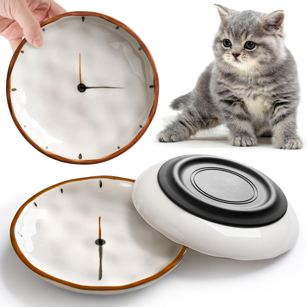 WROSWT No Spill Cat Bowls,Cat Food Bowl,Anti Whisker Fatigue Healthy Ceramic Cats Dishes Set for Indoor Cats,Shallow Wide Kitten Plates for Food and Water,Non-Slip Silicone Bottom,3 Pack