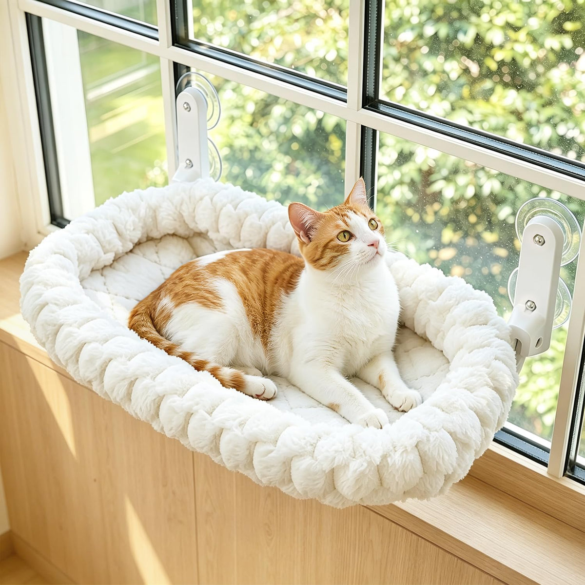 AMOSIJOY Cordless Cat Window Perch with Cushion Bed Metal Frame, L White