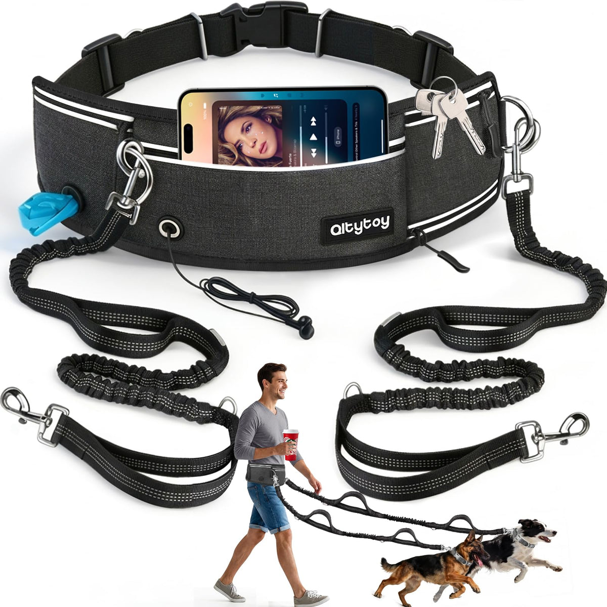 Hands Free Double Dog Leash for Two Dogs 240LB Heavy Duty Bungee