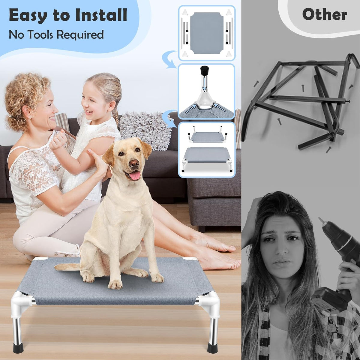 Elevated Dog Bed, Raised Outdoor Dog Bed for Medium Dogs, Portable Pet Cots