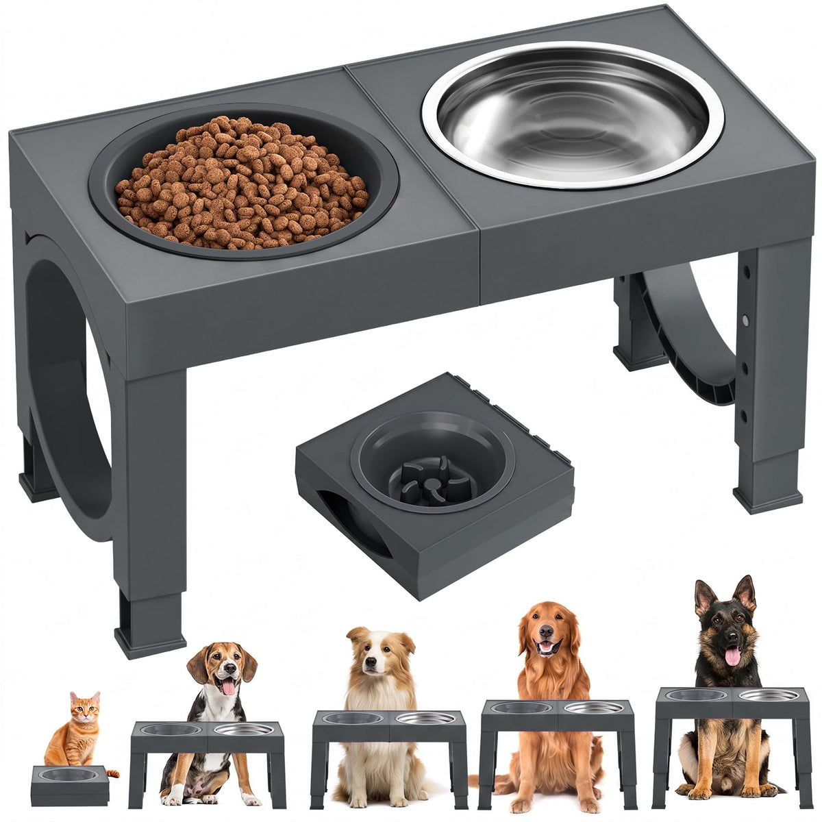 XIAZ Elevated Dog Bowls Large Breed Raised Dogs Bowl Stand Large/Medium Sized Dog Stainless Steel Food Water Bowl Stands 5 Heights Adjustable 9/11/12/14in Black Pet Feeder Dish Station