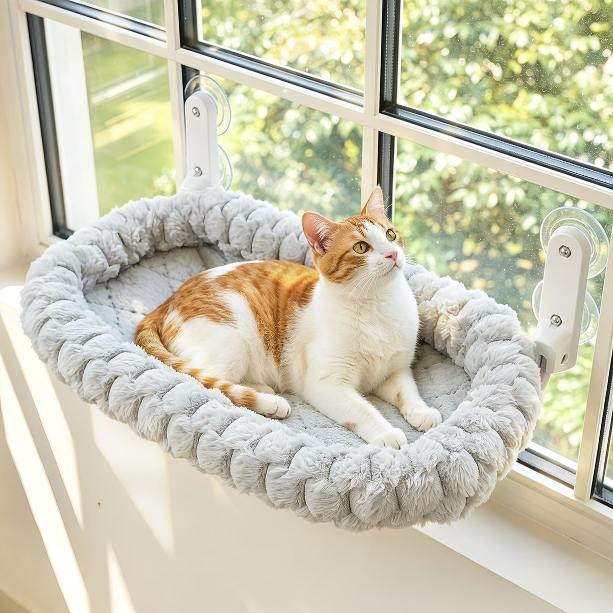 AMOSIJOY Cordless Cat Window Perch with Cushion Bed Metal Frame, L White