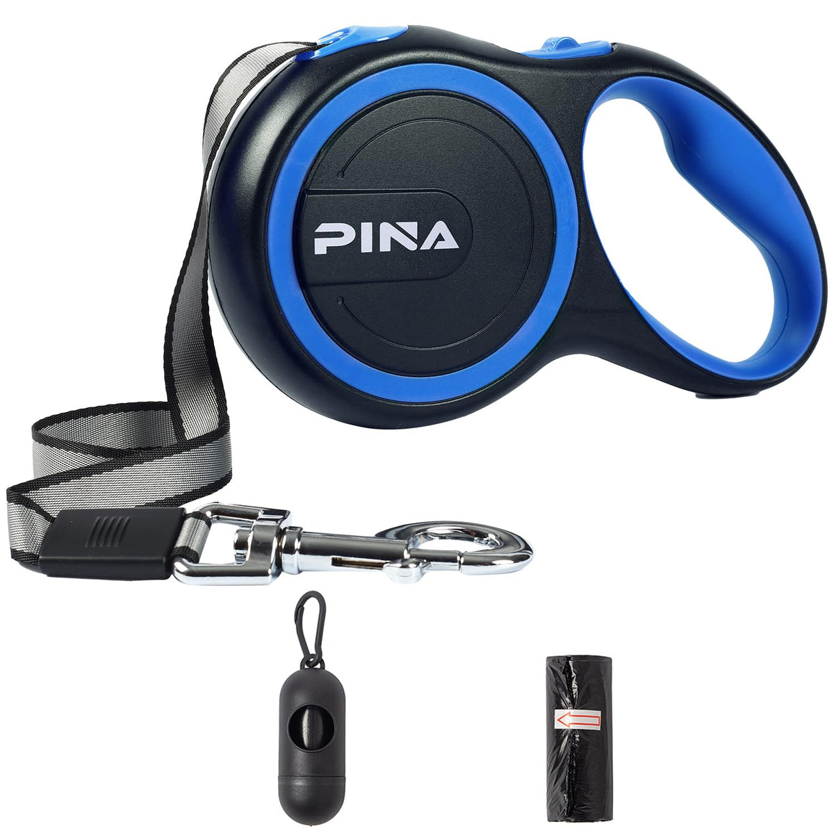 PINA Retractable Dog Leash, 26ft Dog Leash for Small Medium Large Dogs Up to 110lbs, 360° Tangle-Free Strong Reflective Nylon Tape, with Anti-Slip Handle, One-Handed Brake, Lock - Black Blue