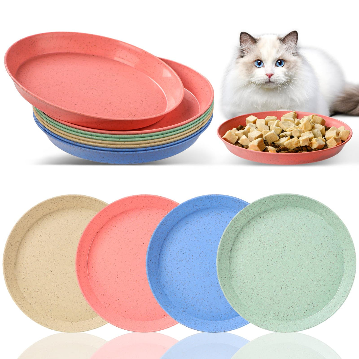 Cat Food Bowl Set, 6 inch Wide Shallow Cat Bowl for Relief Whisker Fatigue,Small Flat Cats Dish, Shallow Pet Feeding Dish or Plate for Kittens and Small Dogs (4Pcs)
