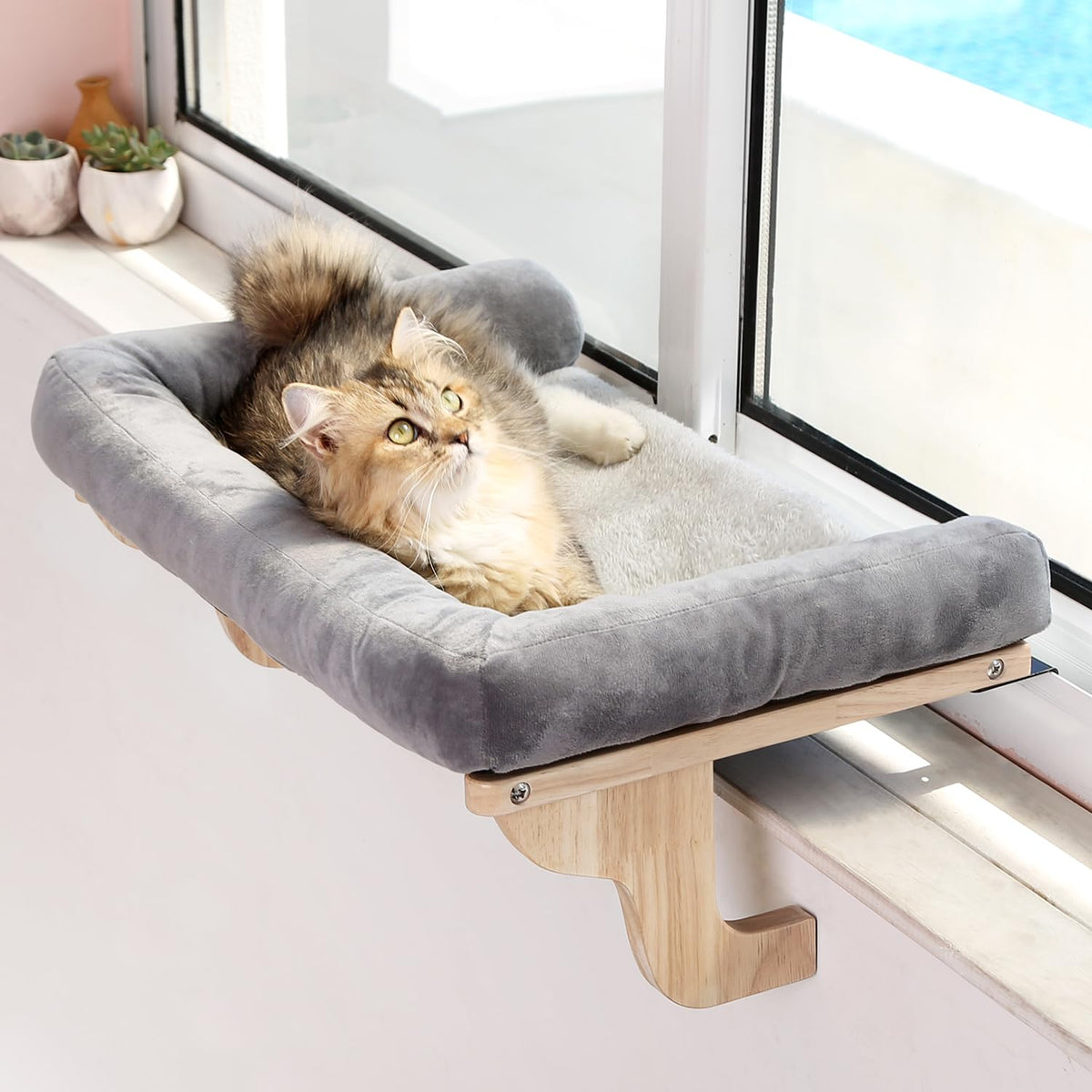 Zakkart Cat Perch for Windowsill with Bolsters (Dark Stained/Gray, L)