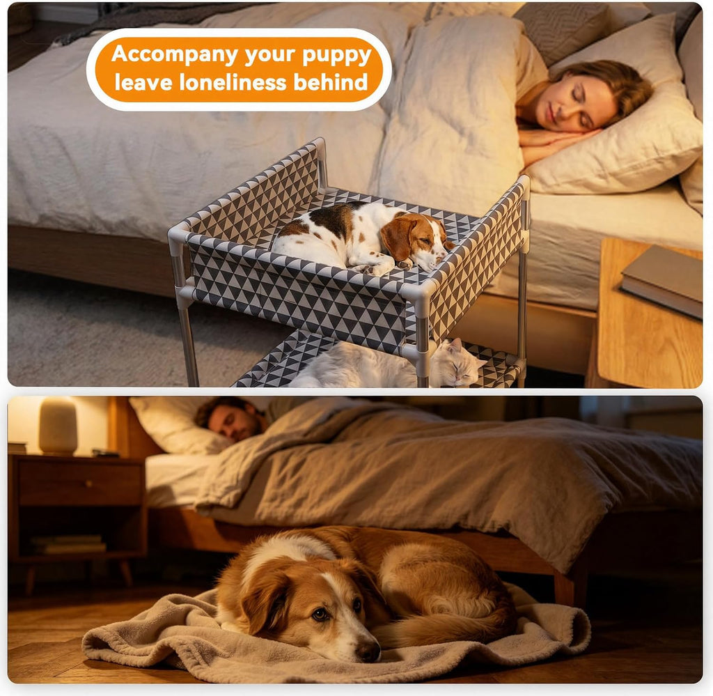 Kuntrust Bedside Dog Bed for 2 Pets with 3-Sided guardrail,S