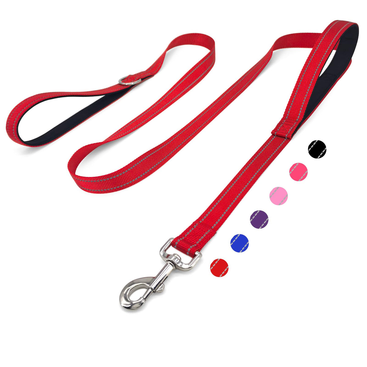 6 FT Black Nylon Reflective Dog Leash for Large Dogs with 2 Padded Handle
