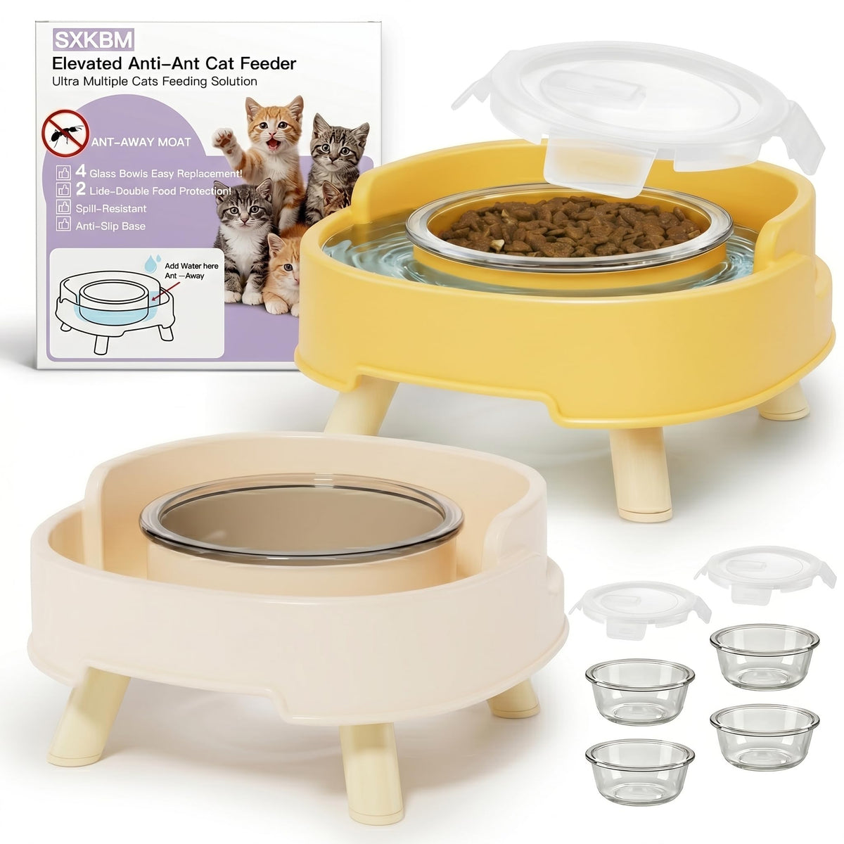 2 Pack Ant Not Cross Elevated Cat Bowls Mess Proof-4 Food Grade Glass Bowls & 2 Lids- No Spill Cat Food and Water Feeding Station for Cats&Puppy Indoor & Outdoor,No Whisker Fatigue Dish,Green