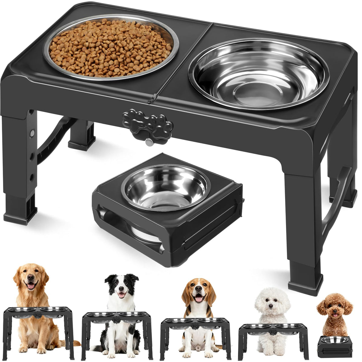 COMESOON Elevated Dog Bowls for Small Medium Dogs, 3 Height Adjustable Raised Stand with 2 Thick 6" Stainless Steel Food Bowls, Non-Slip Feeder Adjusts to 2.75", 6", 7.5", Black