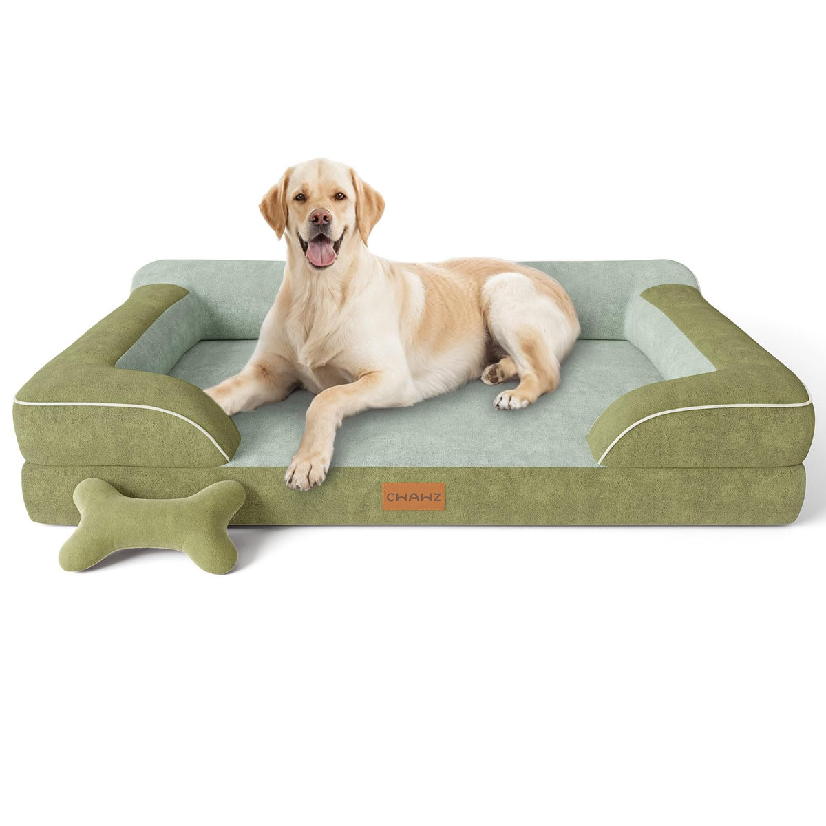 CWAWZ Extra Large Dog Bed, Orthopedic Dog Bed with Cooling Gel Memory Foam, Waterproof XL Pet Bed with Removable Washable Cover, 42" Pet Sofa Couch Dutch Velvet with Bone Toy, Light Gray