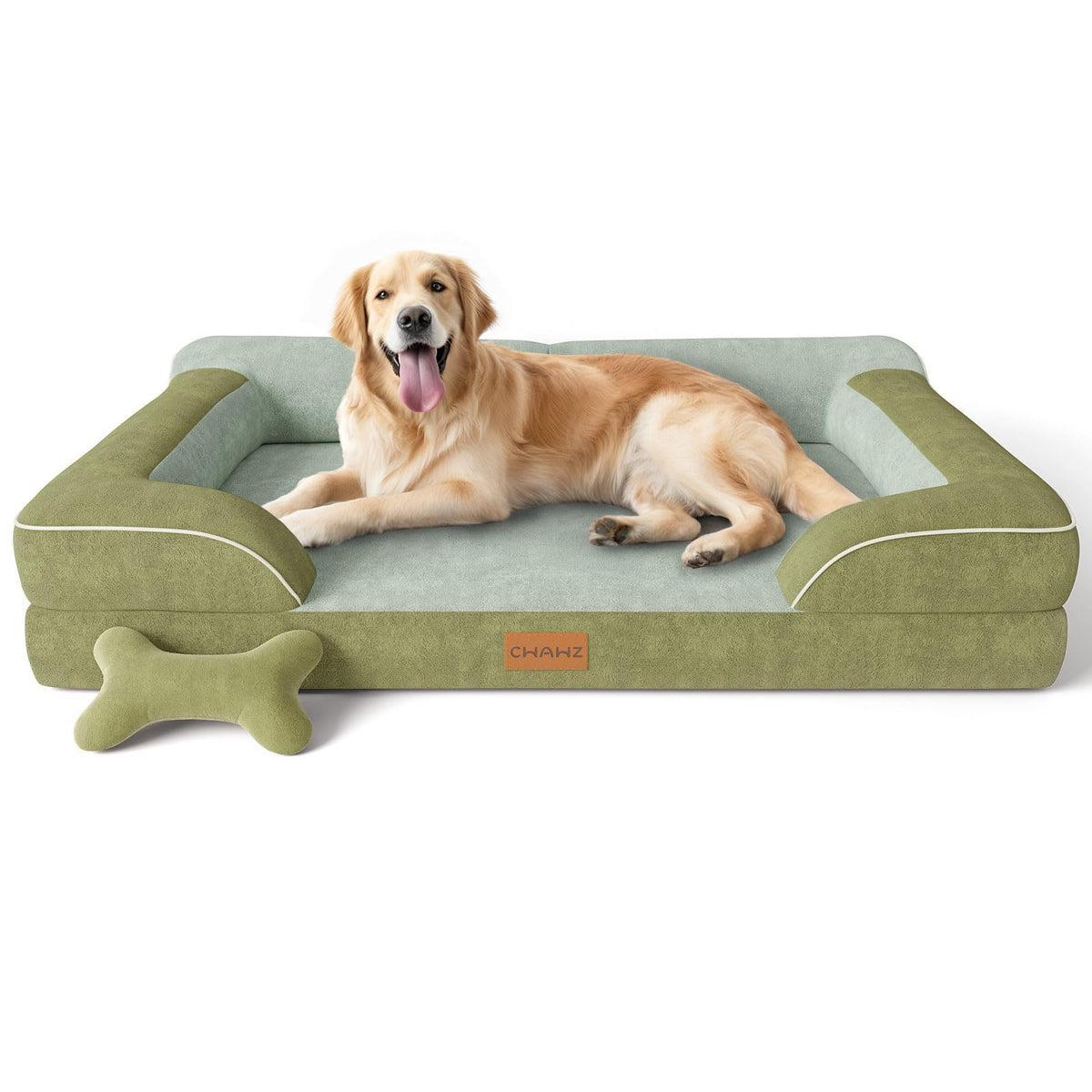 CWAWZ Extra Large Dog Bed, Orthopedic Dog Bed with Cooling Gel Memory Foam, Waterproof XL Pet Bed with Removable Washable Cover, 42" Pet Sofa Couch Dutch Velvet with Bone Toy, Light Gray