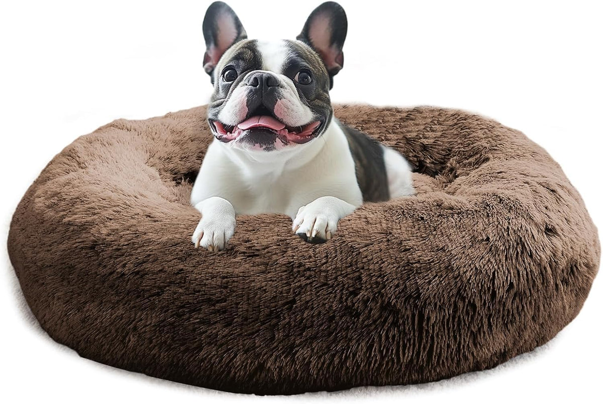 JOLLYVOGUE Small Dog Bed, Calming Dog Beds for Small Dogs & Indoor Cats - 20 Inches Donut Washable Cat Bed for Kittens & Puppies, Round Fluffy Plush Faux Fur Pet Beds(Smoke Grey)