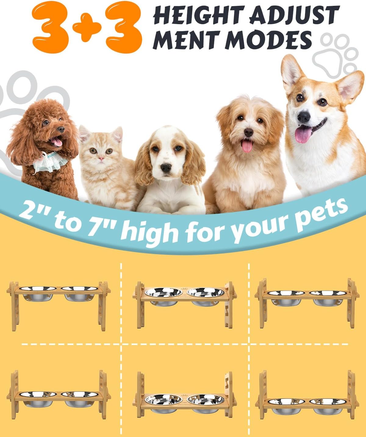 Jovrun Elevated Dog Bowls, Adjustable Raised Dog Bowl Stand for Small Size Dogs and Cats, 15°Tilted Elevated Cat Bowls, Durable Bamboo Dogs Feeder with 2 Stainless Steel Bowls and Non-Slip Feet
