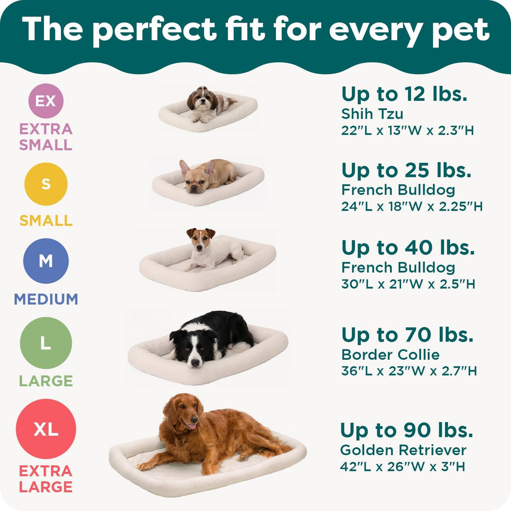 FurHaven Dog Bed for Extra Small Dogs & Cats, Bolster Crate Pad with Soft Supportive Base for Carriers & Kennels, Machine Washable, Extra Small, Sherpa Fleece, Cream