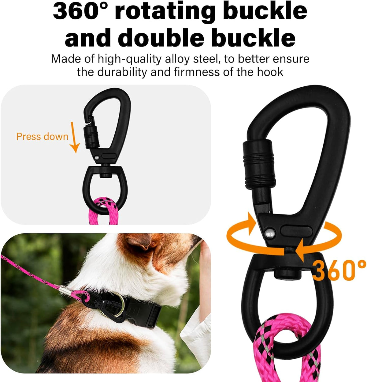 4/5/6 FT Chew Proof Dog Leashes with Comfortable Handle, Steel Cable Lead for Control Large or Medium Dogs Walk and Train, Heavy Duty with Rotate Clasp and Double Buckle (6FT,Pink)