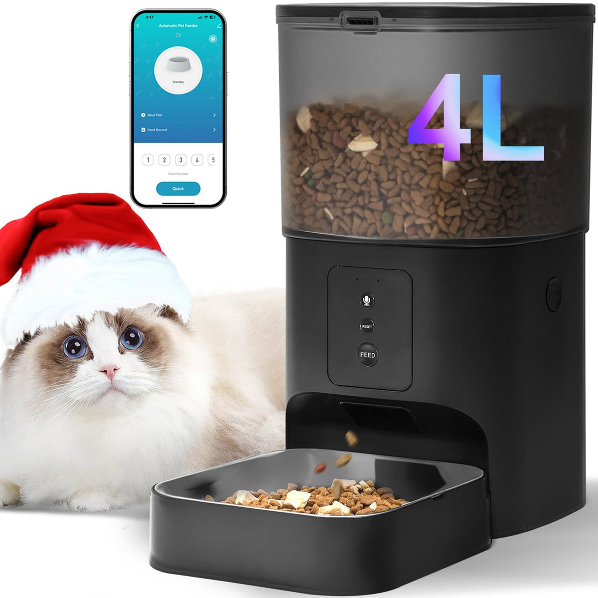 ANDOLL HOME Automatic Cat Feeder, 4L Cat Food Dispenser with 10s Voice Recorder, Pet Feeder up to 8 Meals per Day, Timed Dog Feeder with Dry Food Sealed Ring