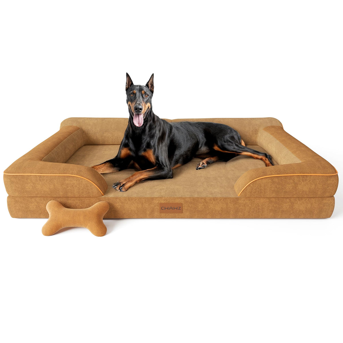 CWAWZ Extra Large Dog Bed, Orthopedic Dog Bed with Cooling Gel Memory Foam, Waterproof XL Pet Bed with Removable Washable Cover, 42" Pet Sofa Couch Dutch Velvet with Bone Toy, Light Gray