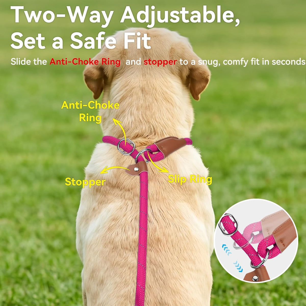 Joytale Slip Lead Dog Leash with Dual Handle, No Pull, Hot Pink, 6FT x 3/8"