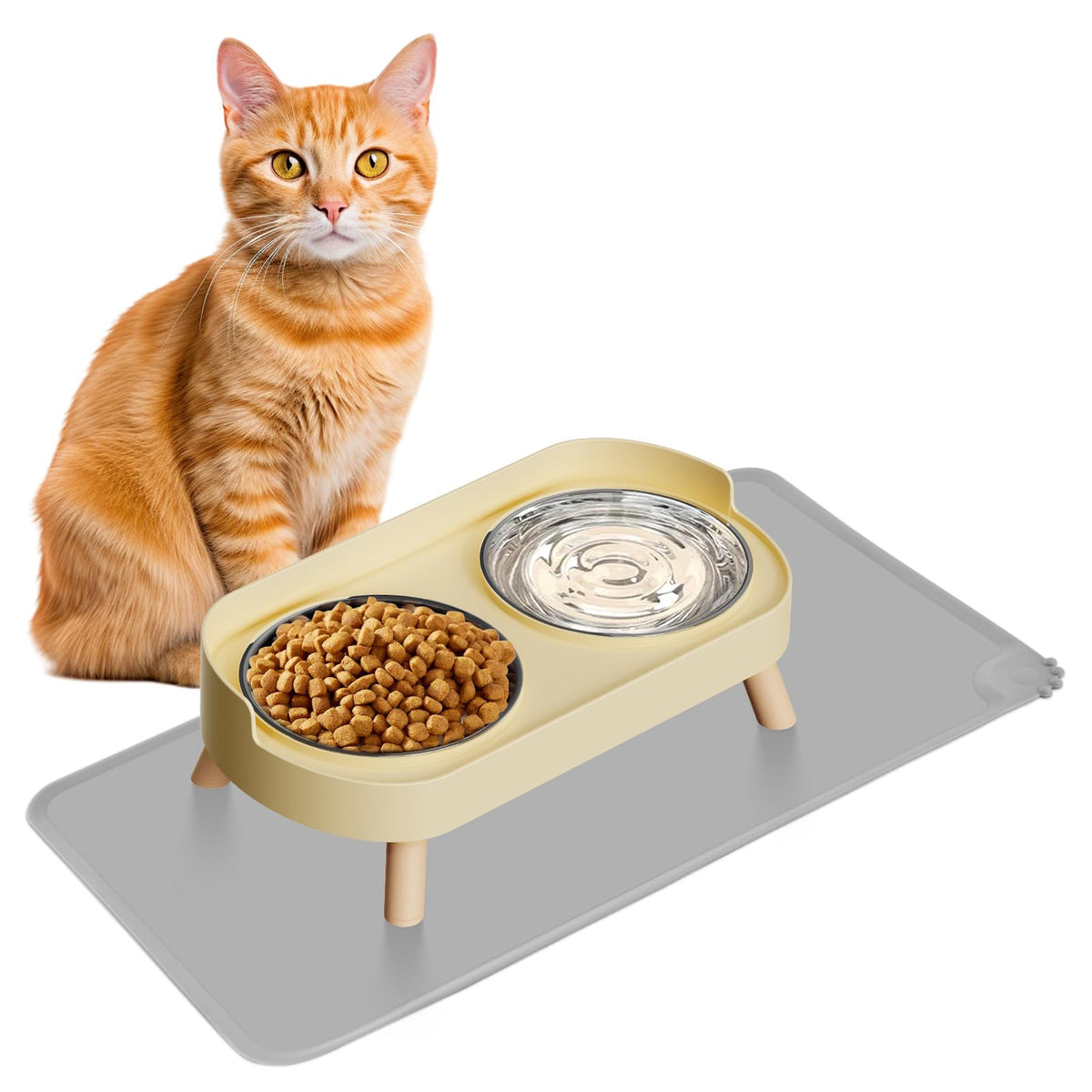 Elevated Cat Bowl, Raised Cat Food and Water Bowl Set for Indoor Cats, Splash Proof with 2 Stainless Steel Pet Food Bowls for Cats and Puppies, Whisker Fatigue and Dishwasher Safe - White