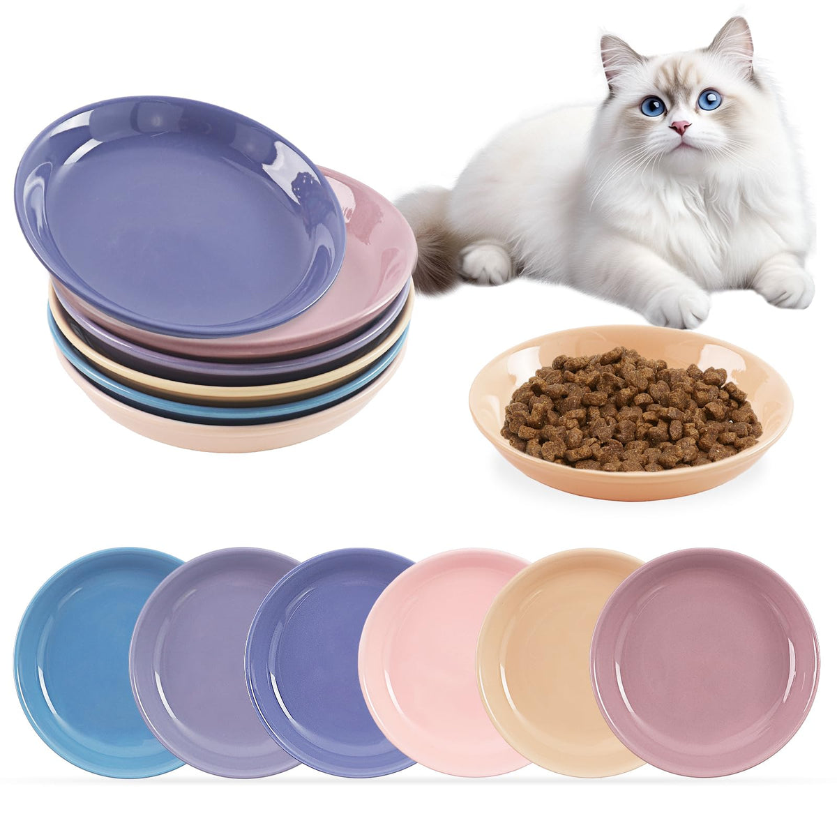6 Pack Cat Food Bowl, Ceramic Cat Bowls, Anti Whisker Fatigue Cats Bowl Set