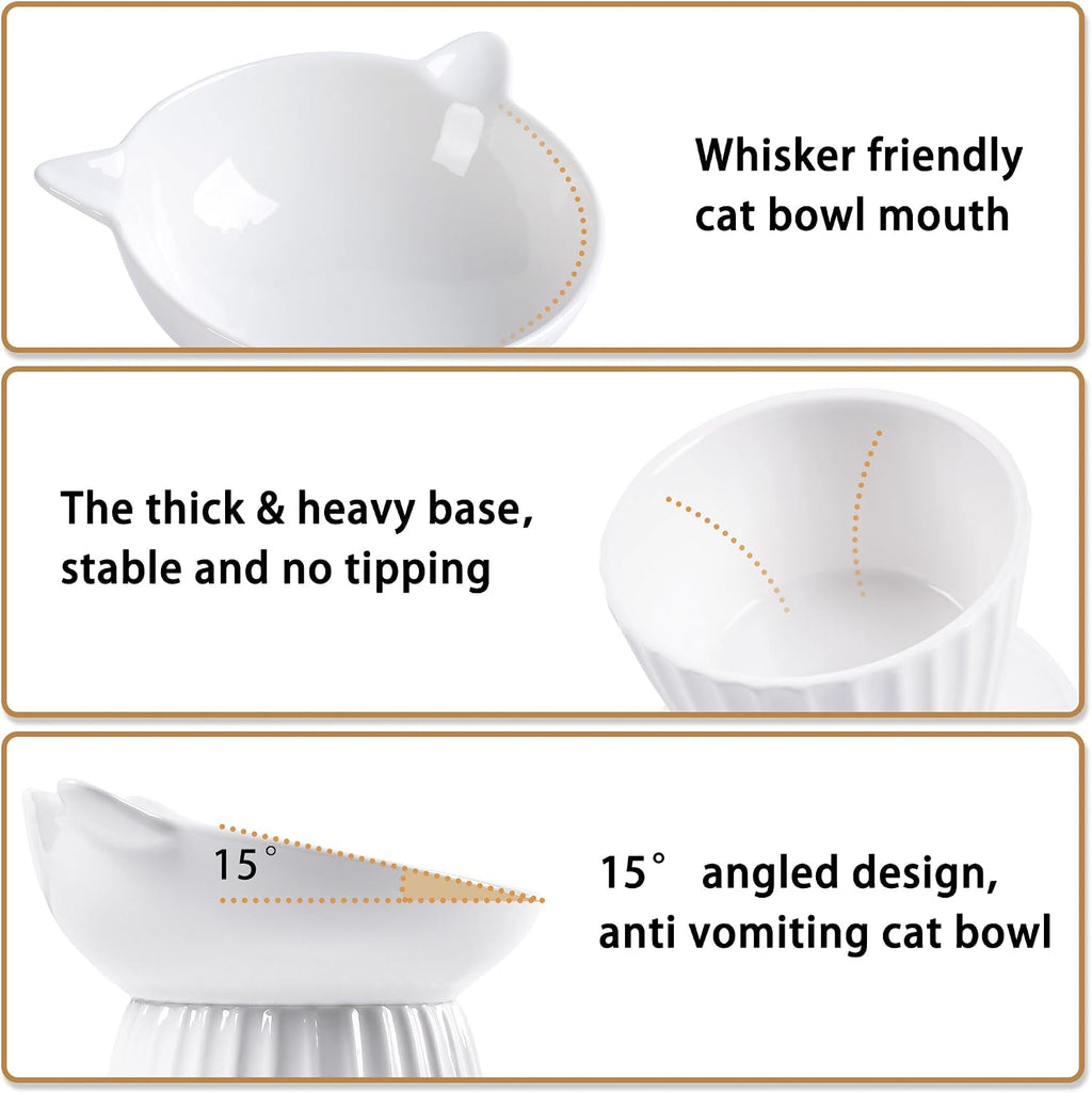 Ceramic Raised Cat Bowl，Tilted Raised Cat Bowl Anti Vomit Cat Bowls for Indoor Cats Whisker Friendly Pet Feeder for Cats Puppies, Microwave and Dishwasher Safe