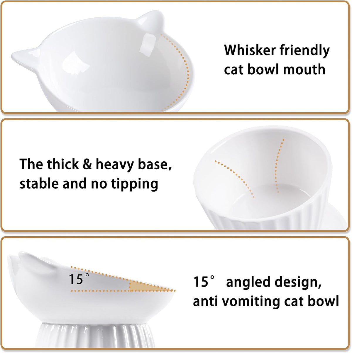 Ceramic Raised Cat Bowl，Tilted Raised Cat Bowl Anti Vomit Cat Bowls for Indoor Cats Whisker Friendly Pet Feeder for Cats Puppies, Microwave and Dishwasher Safe