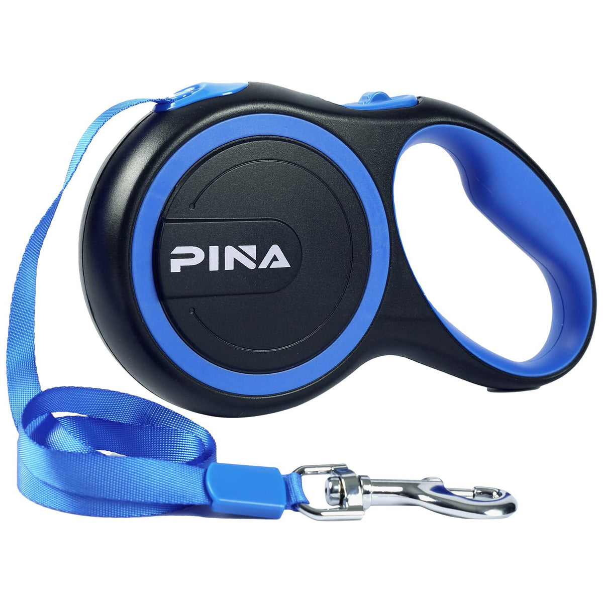 PINA Retractable Dog Leash, 26ft Dog Leash for Small Medium Large Dogs Up to 110lbs, 360° Tangle-Free Strong Reflective Nylon Tape, with Anti-Slip Handle, One-Handed Brake, Lock - Black Blue