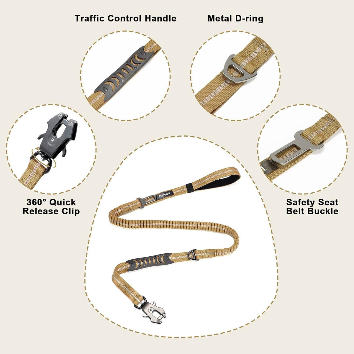 Raipult Tactical Shock Absorbing Bungee Dog Leash Heavy Duty, 4-6ft, Khaki