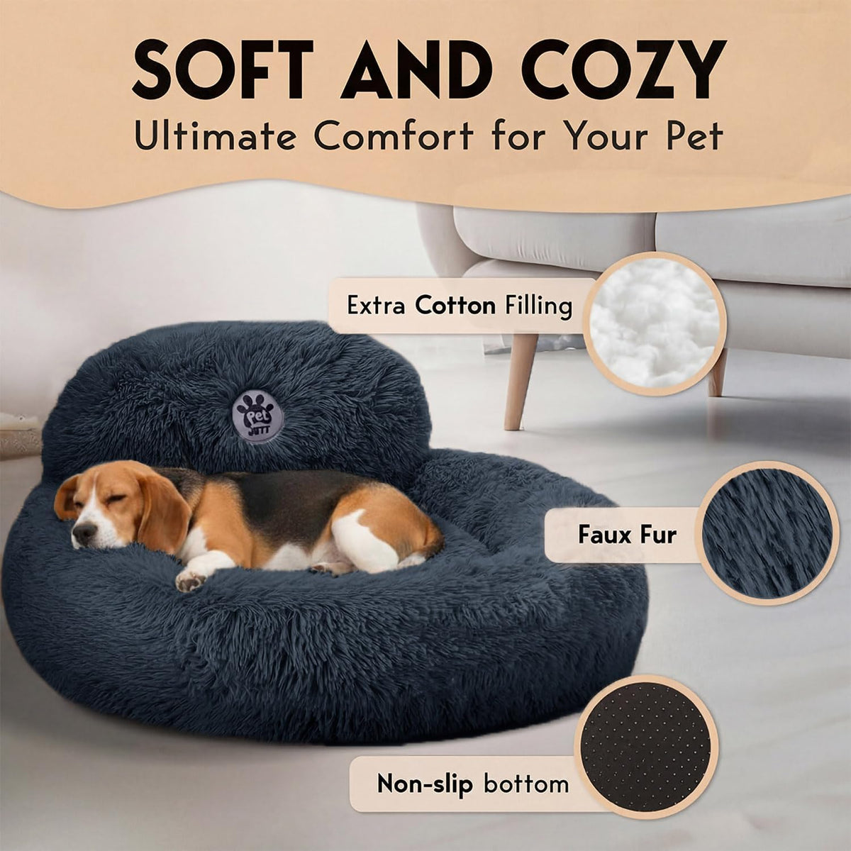 PetJett Calming Dog Bed Medium Size Dog - 30'' Donut Bed, Washable Dog Bed - Anti-Slip & Super Soft Fluffy Plush Round Dog Bed, Anti-Anxiety Premium Comfort Pet Bed, Fits Dogs Upto 45 lbs - Dark Grey
