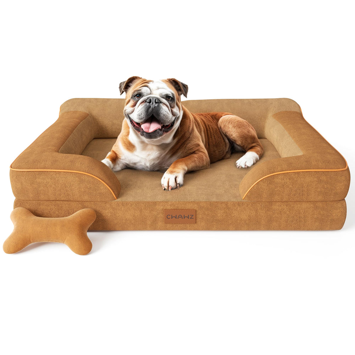 CWAWZ Extra Large Dog Bed, Orthopedic Dog Bed with Cooling Gel Memory Foam, Waterproof XL Pet Bed with Removable Washable Cover, 42" Pet Sofa Couch Dutch Velvet with Bone Toy, Light Gray
