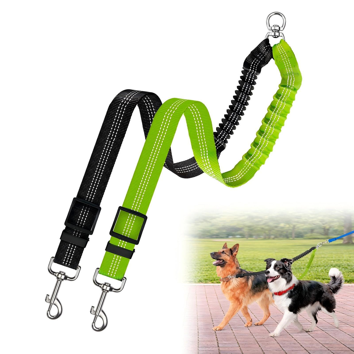 Double Dog Leash for Two Dogs, Professional No Tangle 360° Swivel Coupler with Shock Absorbing Bungee, Adjustable Length Dual-Sided Reflective Two Dogs Lead Splitter for Small Medium Large Dog