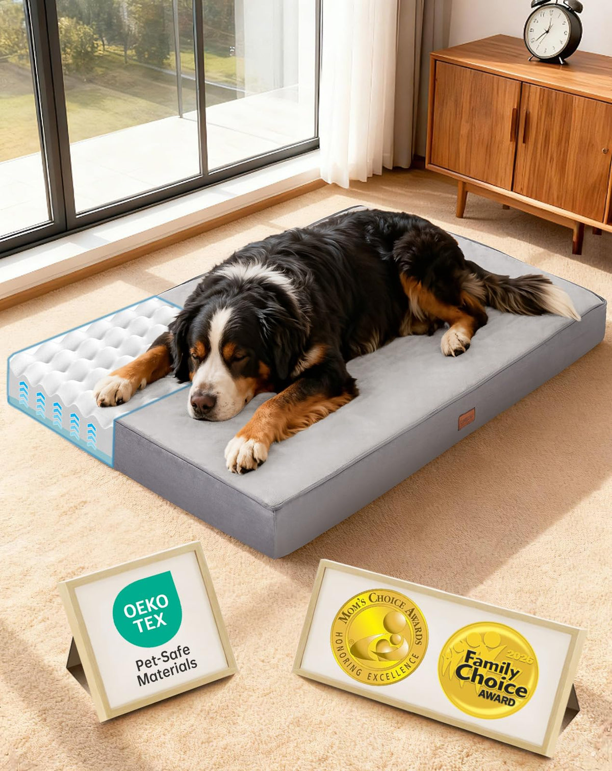 OhGeni Orthopedic Large Dog Bed, Reversible Memory Foam, 41 inch-XL(Gray)