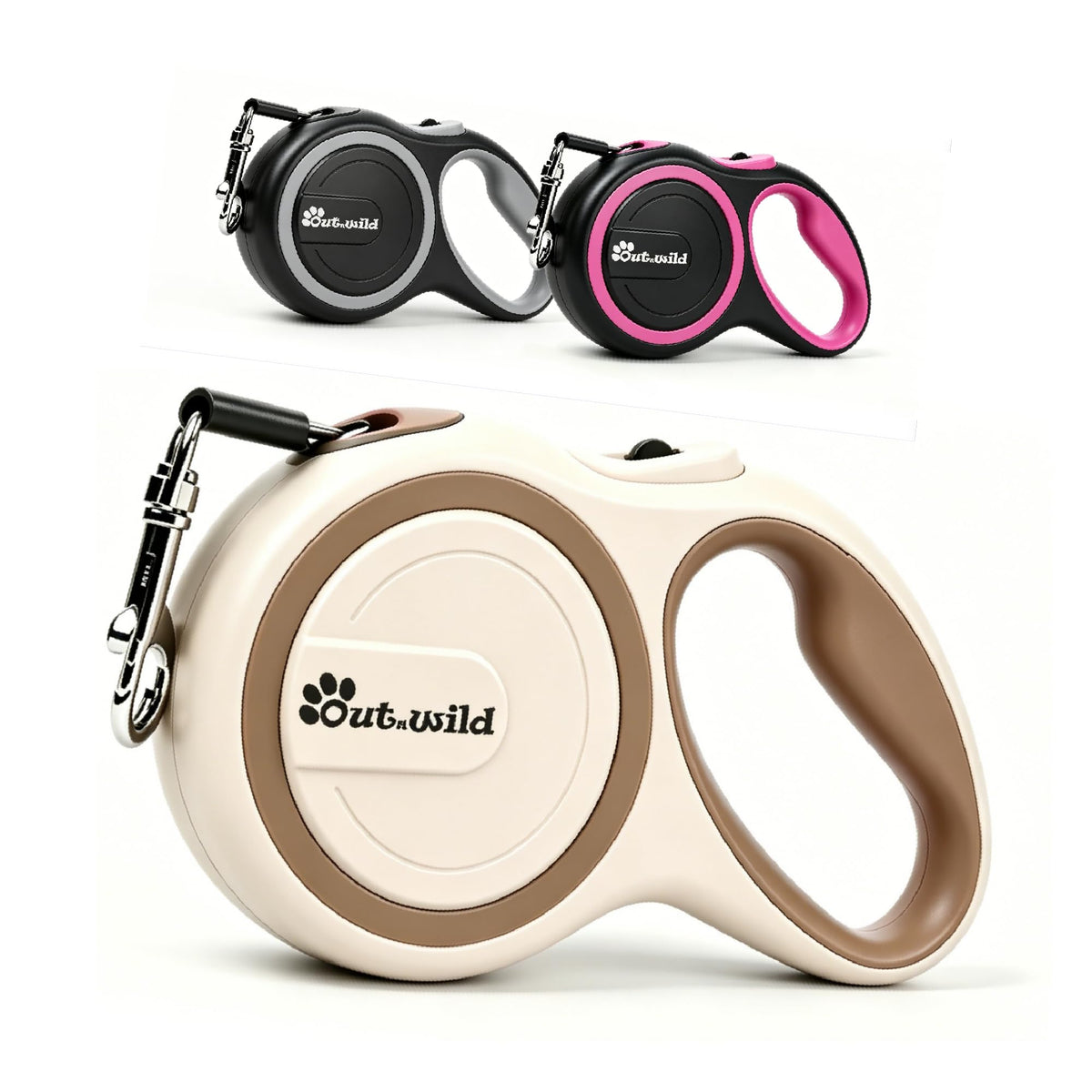 OUTnWILD Retractable Dog Leash - Tangle-Free 360° Design with Anti-Slip Handle | 16 ft Strong Nylon Tape | One Touch Quick-Lock Braking System | for Small/Medium Breeds/Pets Up to 44lbs. (Khaki, M)