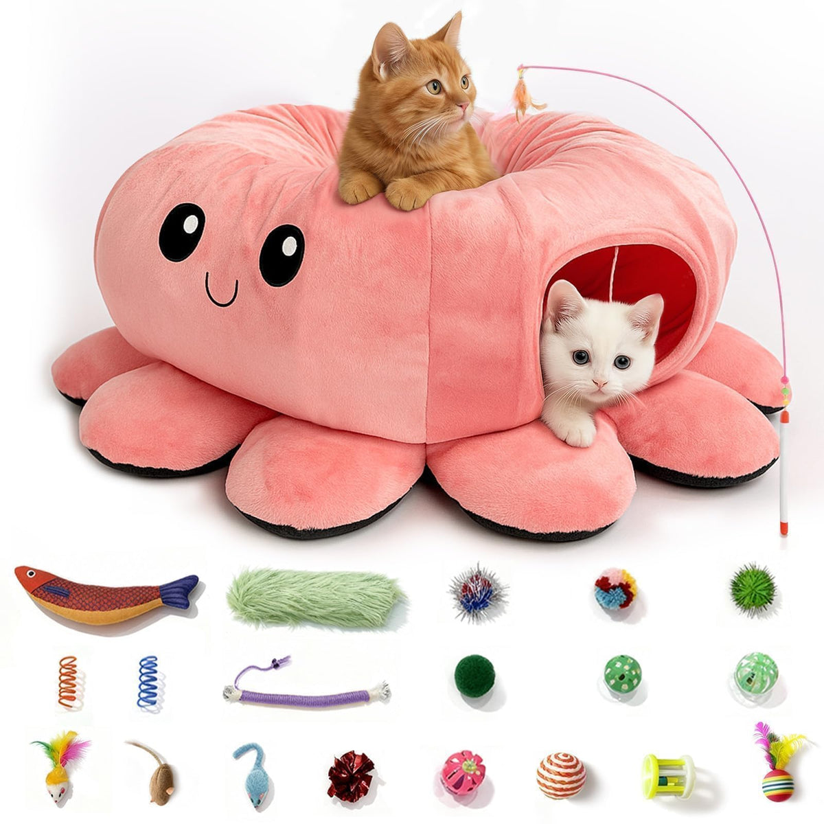Cat Tunnel Bed with 20 Cat Toys, Kitten Toys for Indoor Kittens,Pink